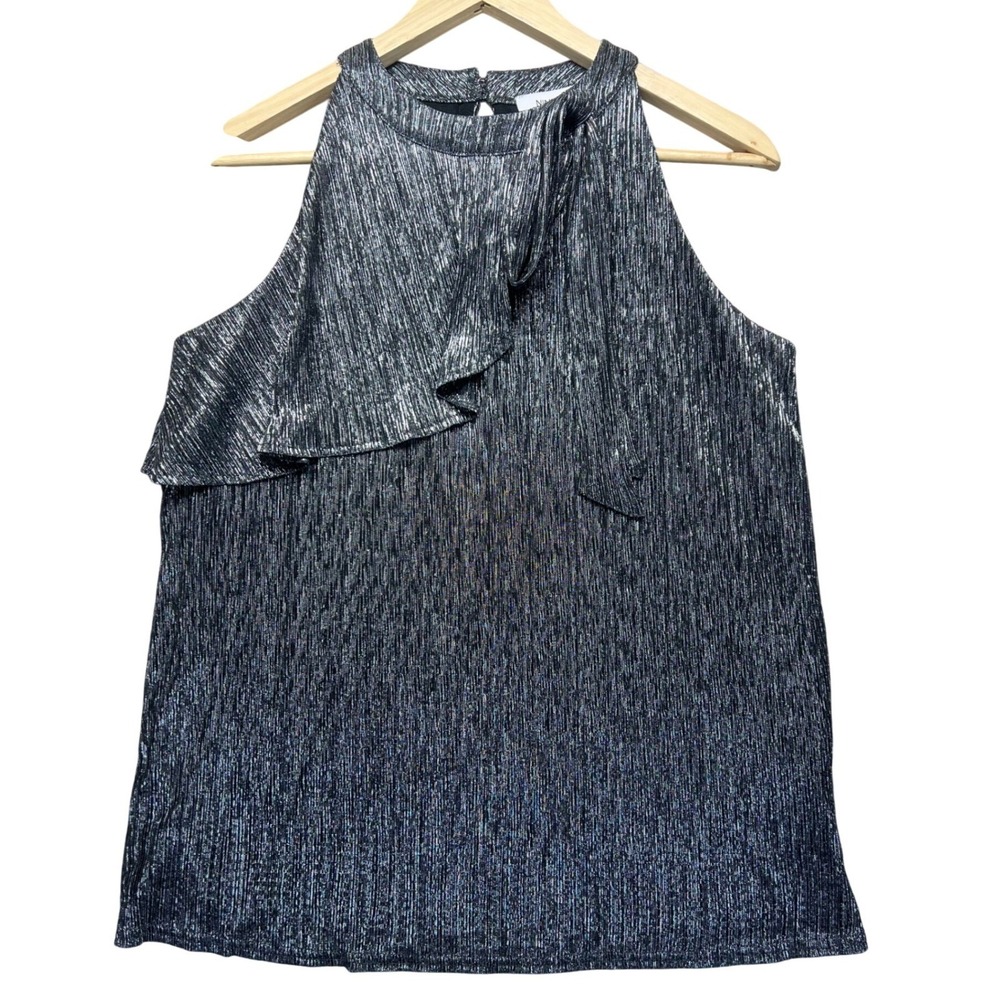 Nine West Womens Silver Black Metallic Ruffle Halter Top Sleeveless Blouse S NEW